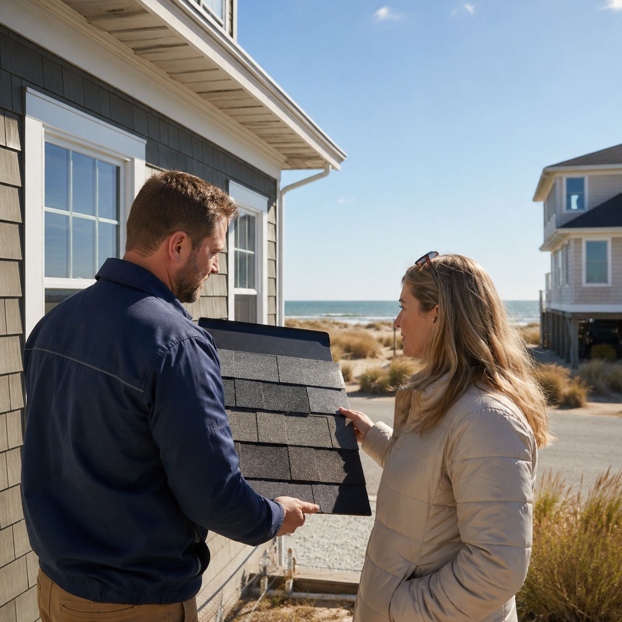 Roofing estimator showing architectural shingle samples to a homeowner at a coastal New Jersey home